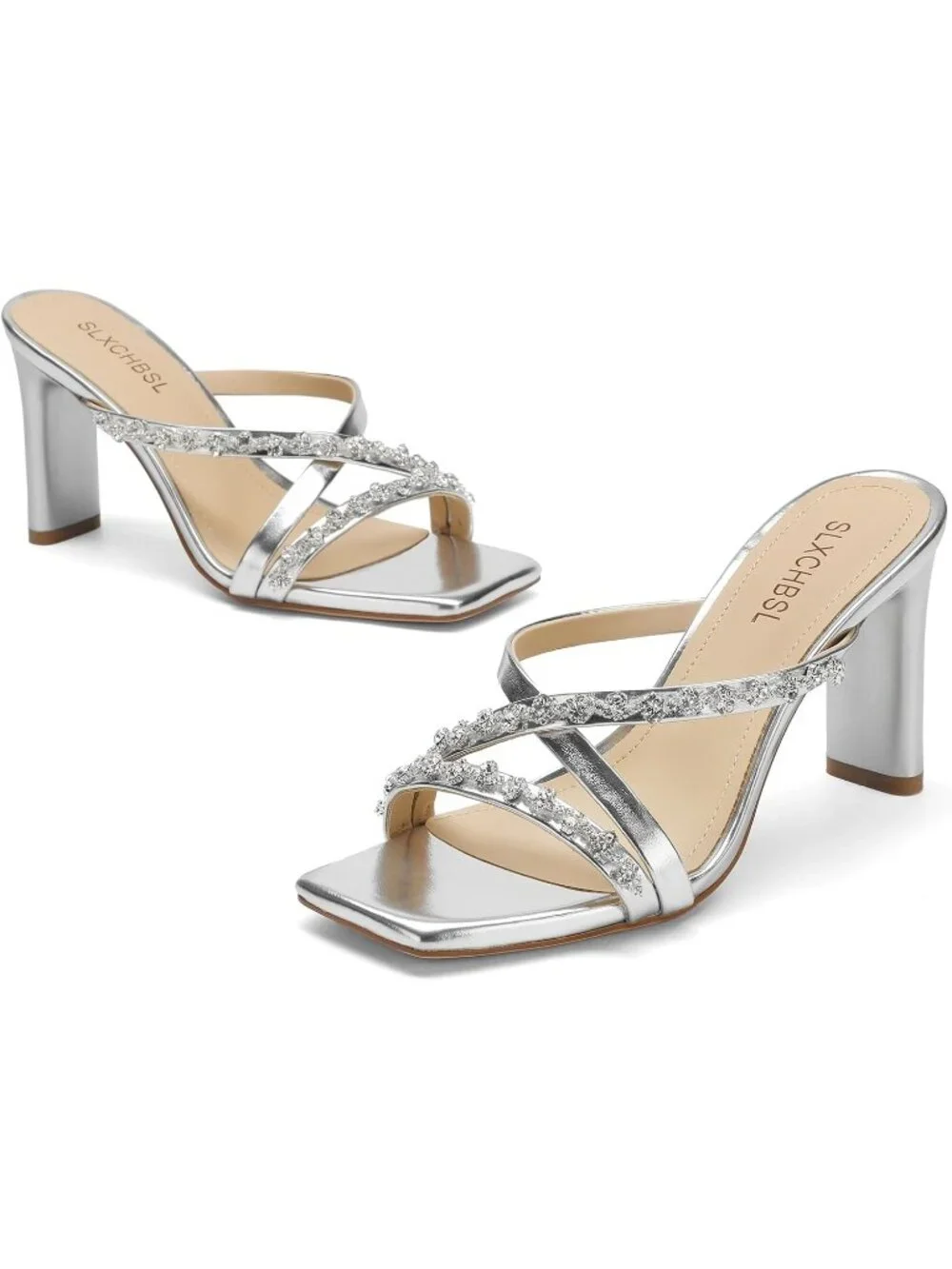 Women's Silver Slip On Chunky Heels Square Open Toe Heeled Sandals 3.2 Inch Heel